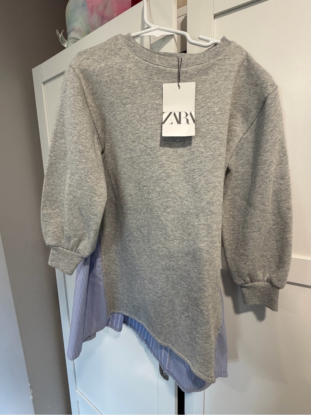 Zara Gray Sweatshirt Dress with Blue Stripe Hem